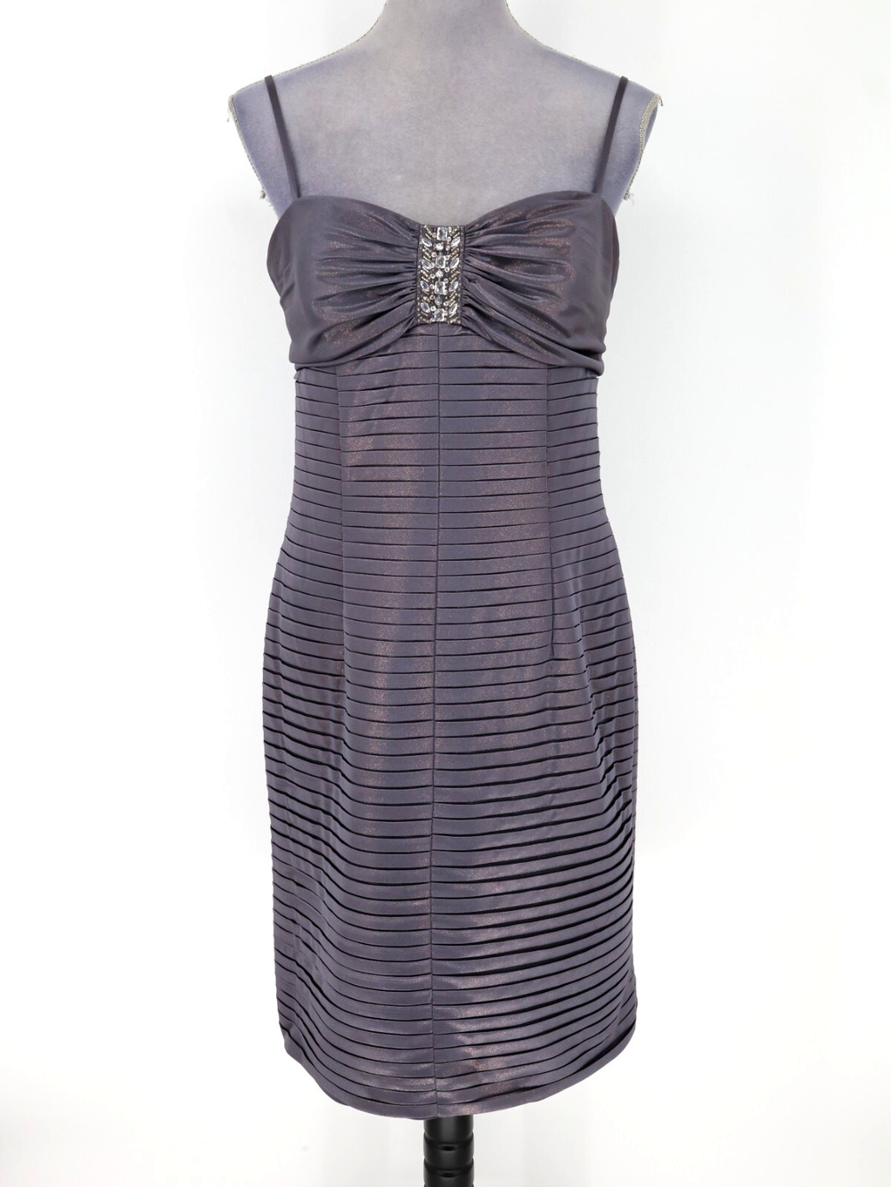 OC Oleg Cassini Dress Womens 12 Gray Metallic Lined Rhinestones Strappy Formal